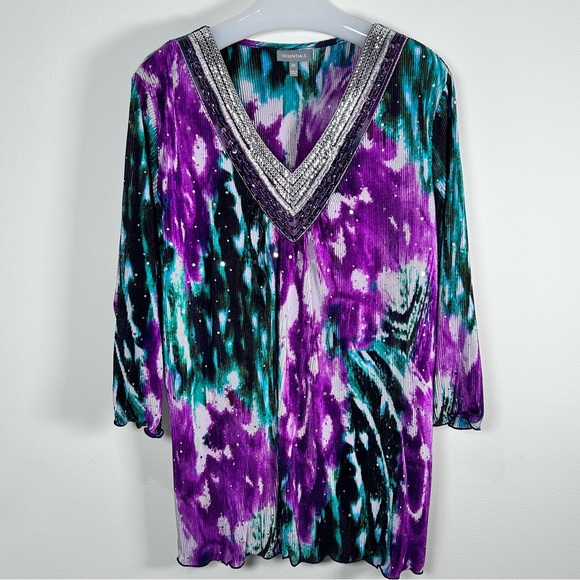 Essentials Sequin Beaded Micro Pleat Tunic Vneck Tie Dyed Green Purple Top NWOT - Picture 1 of 9